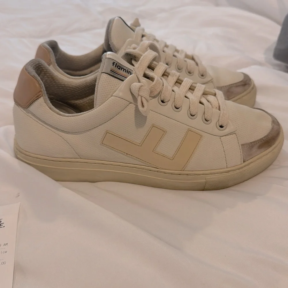𝅺F- Flamingos Lite Coke White Vegan Distressed Initial Sneakers